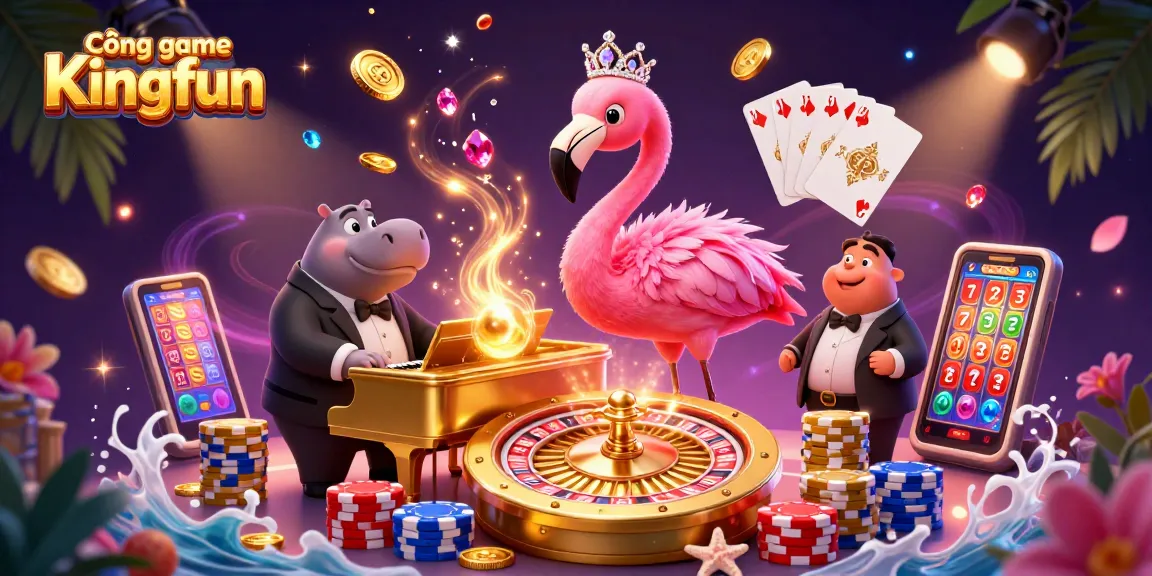 Cổng game Kingfun showcases a vibrant casino scene with dynamic characters, golden coins, and engaging game elements.