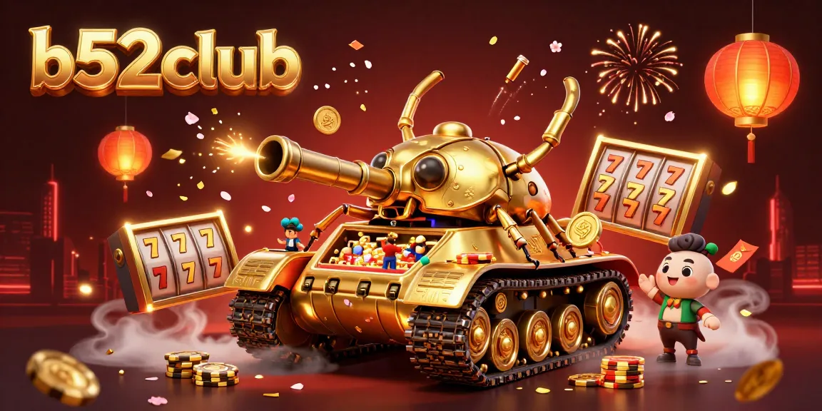 B52club players enjoy a dynamic casino experience featuring a golden beetle tank and vibrant gaming symbols.