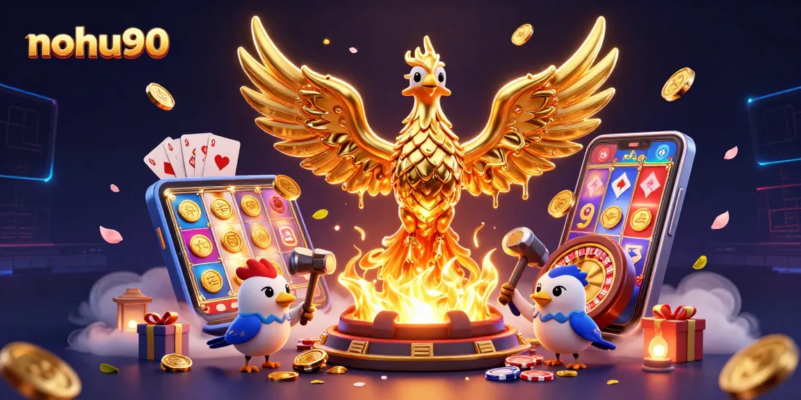 Immerse in nohu90's thrilling gaming world with a dazzling phoenix and vibrant slot elements.