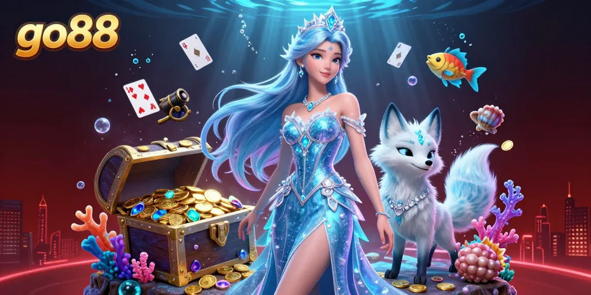 Engaging game at go88 with glamorous casino atmosphere, showcasing luxurious character and underwater treasures.