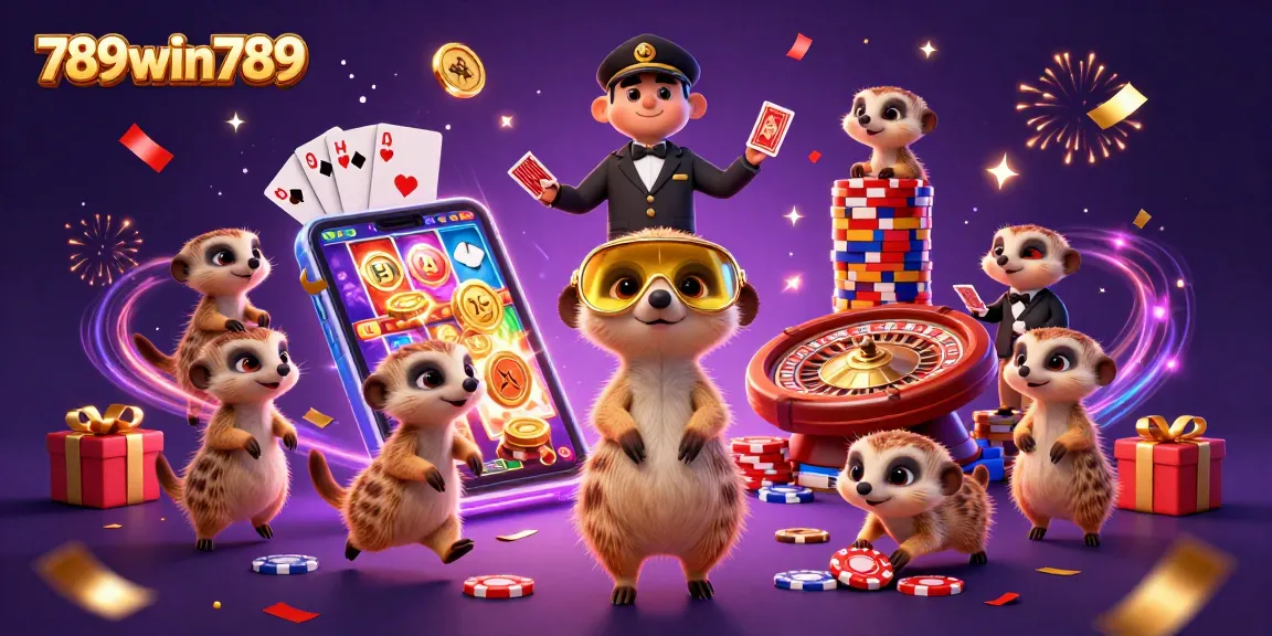 Experience vibrant gameplay at 789win789 with a creative meerkat casino scene showcasing energetic gaming elements.