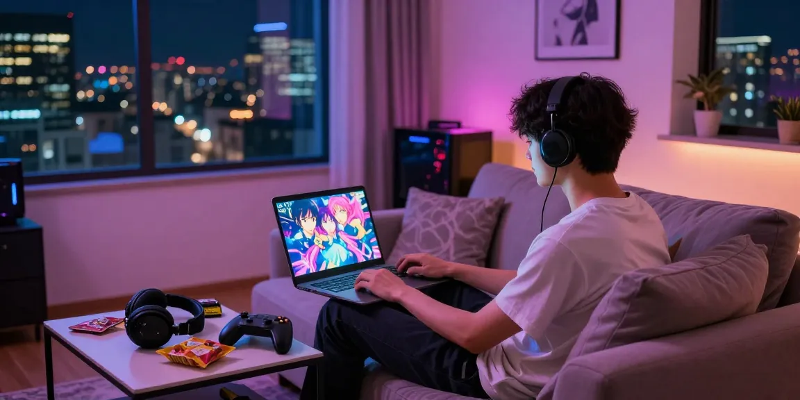 Enjoy playing hentai games in a cozy urban gaming setup with vibrant visuals and snacks.
