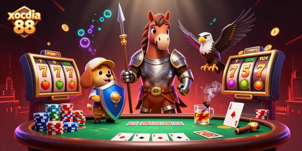 Xocdia 88 showcases an exciting scene of a knight and puppy amidst poker excitement, perfect for gambling enthusiasts.