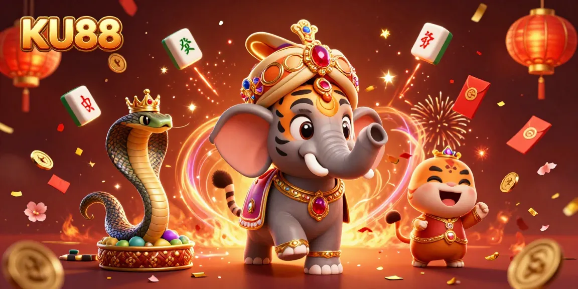 Experience thrilling casino adventures with KU88 in a colorful 3D illustration of a maharaja tiger.