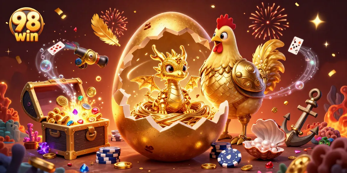 Win exciting rewards at 98 win with our golden dragon and poker chips in a vibrant casino scene.