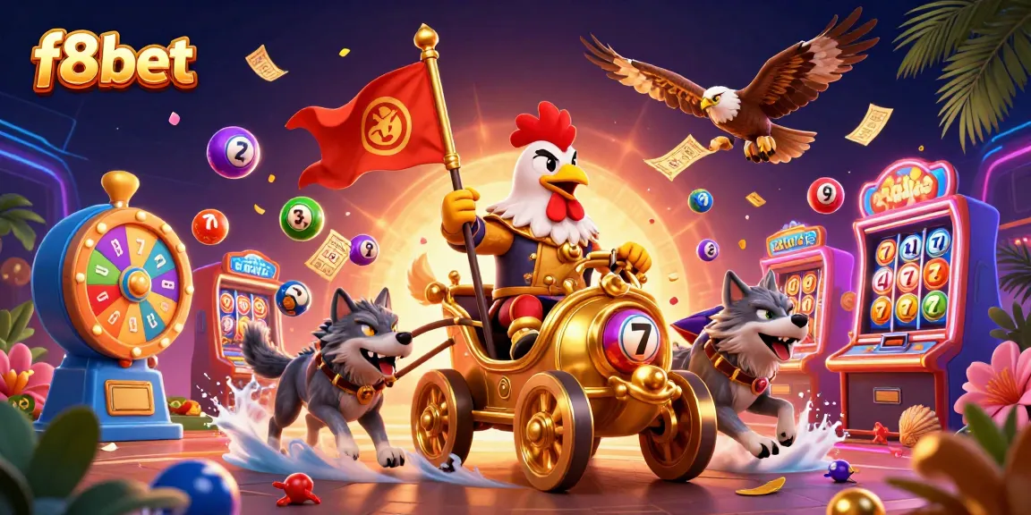 Experience the excitement of f8bet with a dynamic digital casino scene showcasing vibrant lottery elements and a roaring golden chariot.