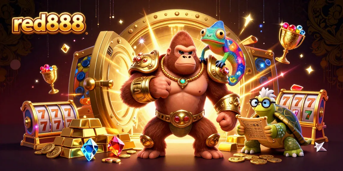 Join the red888 adventure with a powerful gorilla king and treasures in a vibrant casino setting.