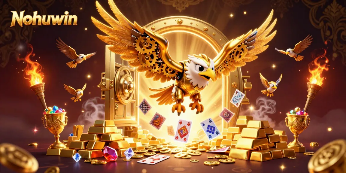 Nohuwin showcases a thrilling dive of a cybernetic golden eagle surrounded by holographic cards and treasures.