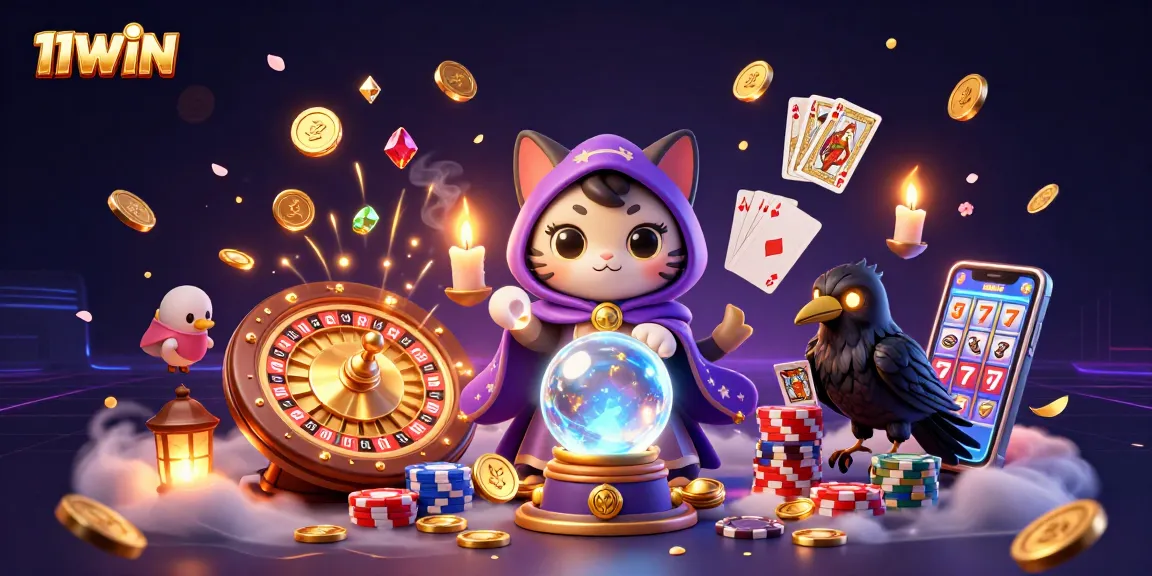 Engage with 11WIN as the mystic cat and raven present alluring casino games in a vibrant 3D scene.