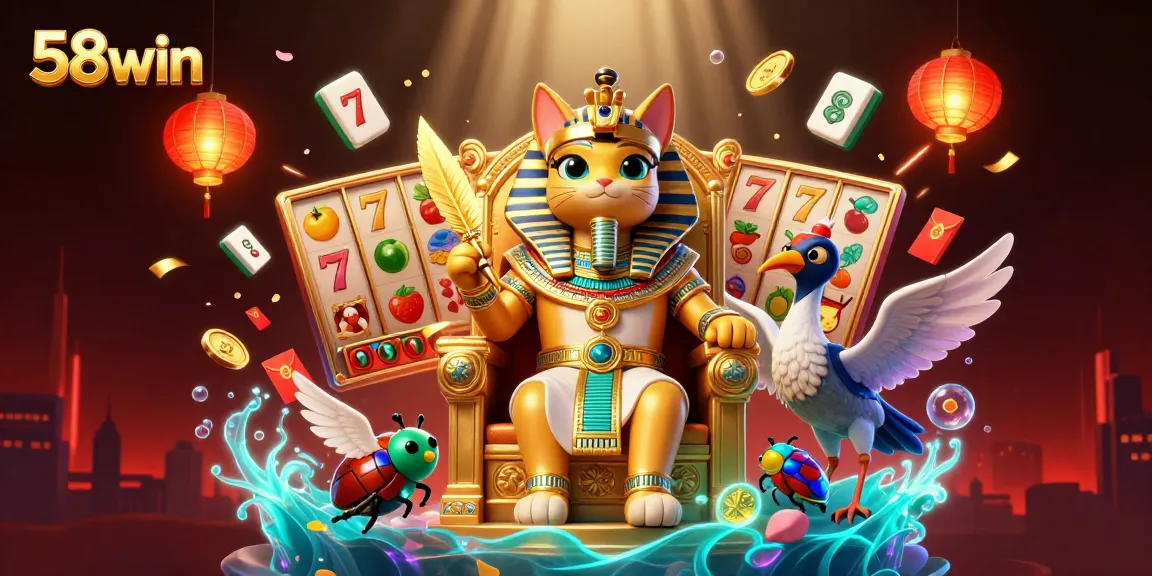 Experience the exciting world of 58win with vibrant casino elements like lucky 7s and slot reels.