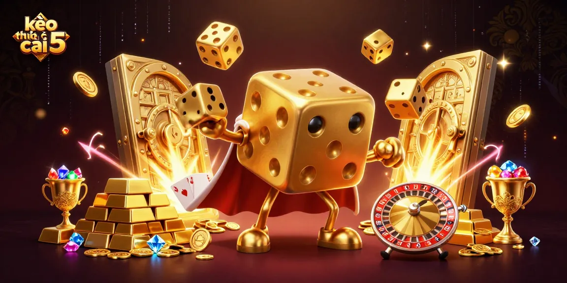 Experience kèo nhà cái 5 with an engaging scene featuring golden dice and jewels in a vibrant casino.