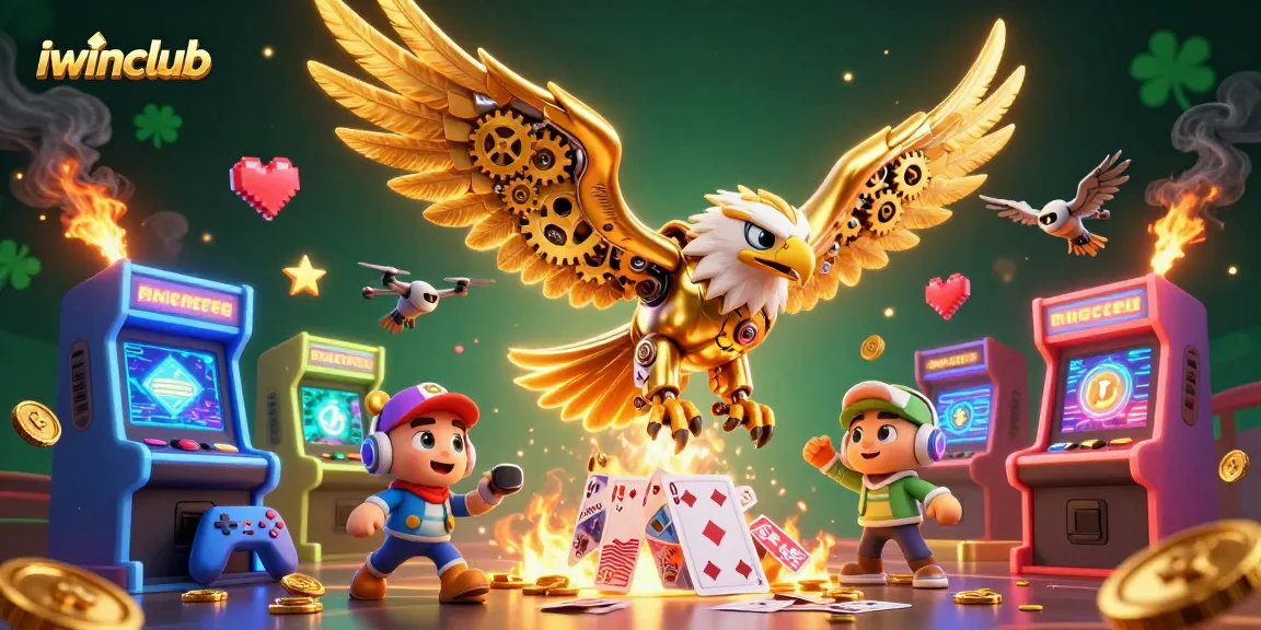 Play games at iwinclub with a vibrant scene of a cybernetic eagle among holographic cards and arcade elements.