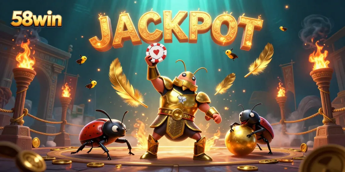 Join the excitement of 58win with a victorious beetle lifting a poker chip amidst vibrant jackpot festivities.