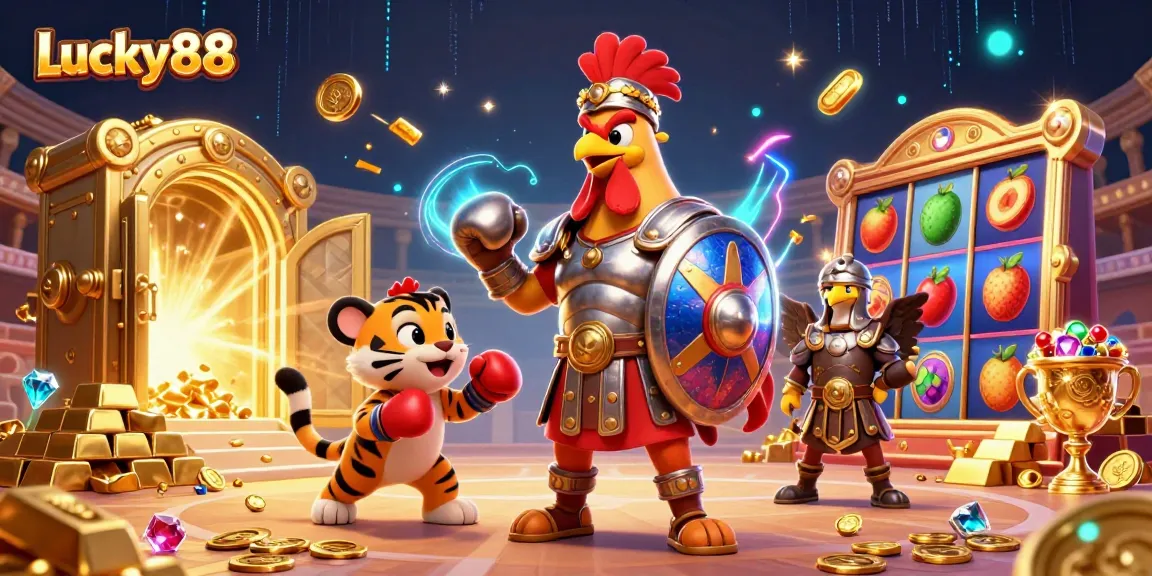 Spin the Lucky88 slot scene with a gladiator rooster and tiger cub in action-packed fantasy.