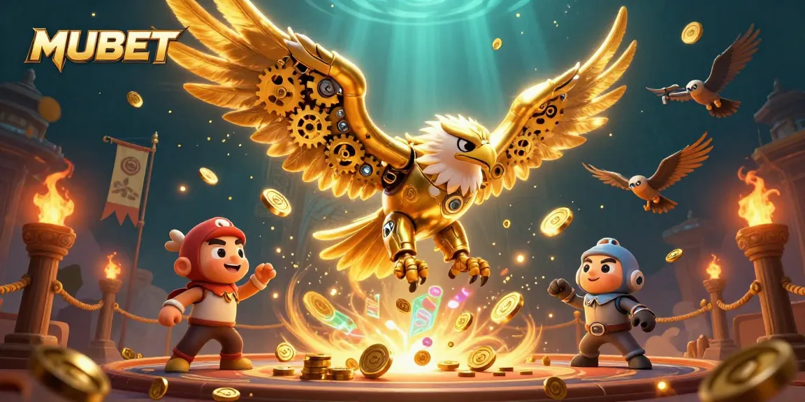 MUBET illustration showcasing a cybernetic eagle amidst a vibrant casino environment with holographic chips.