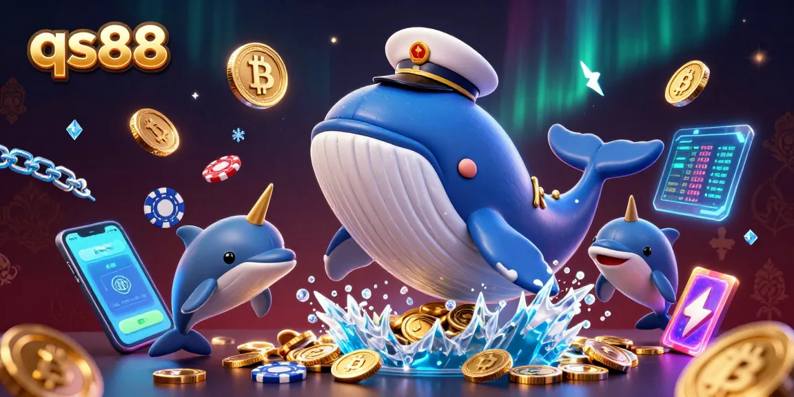 Engage with qs88's thrilling casino games surrounded by vibrant whales and neon crypto coins.