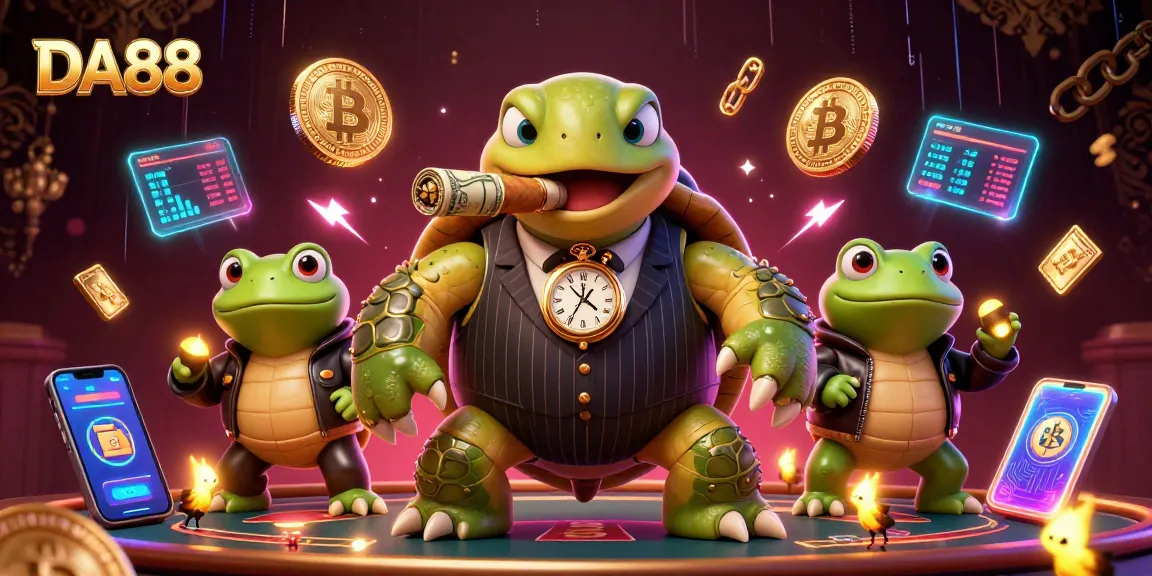 Engage in the excitement of DA88 with a vibrant casino scene featuring animated characters and glowing crypto elements.