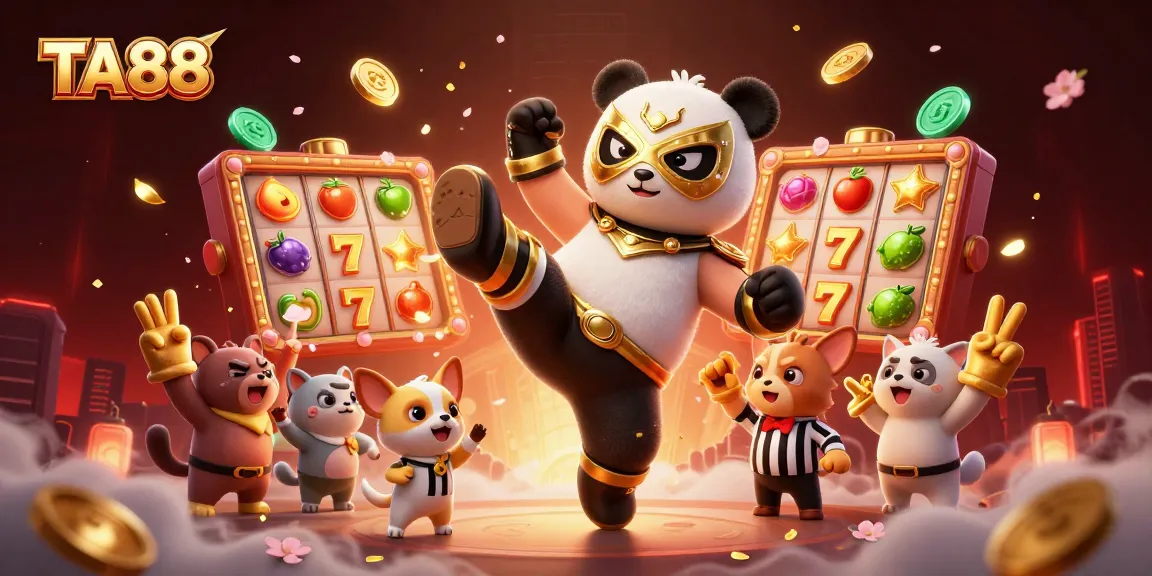 TA88 showcases a lively 3D cartoon wrestling scene with slot elements and animated spectators.