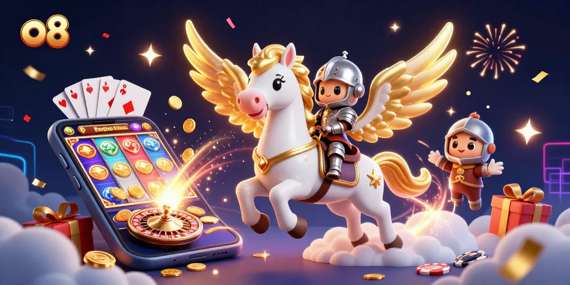 Experience vibrant o8 gaming excitement with a mythical white horse and dynamic casino elements.