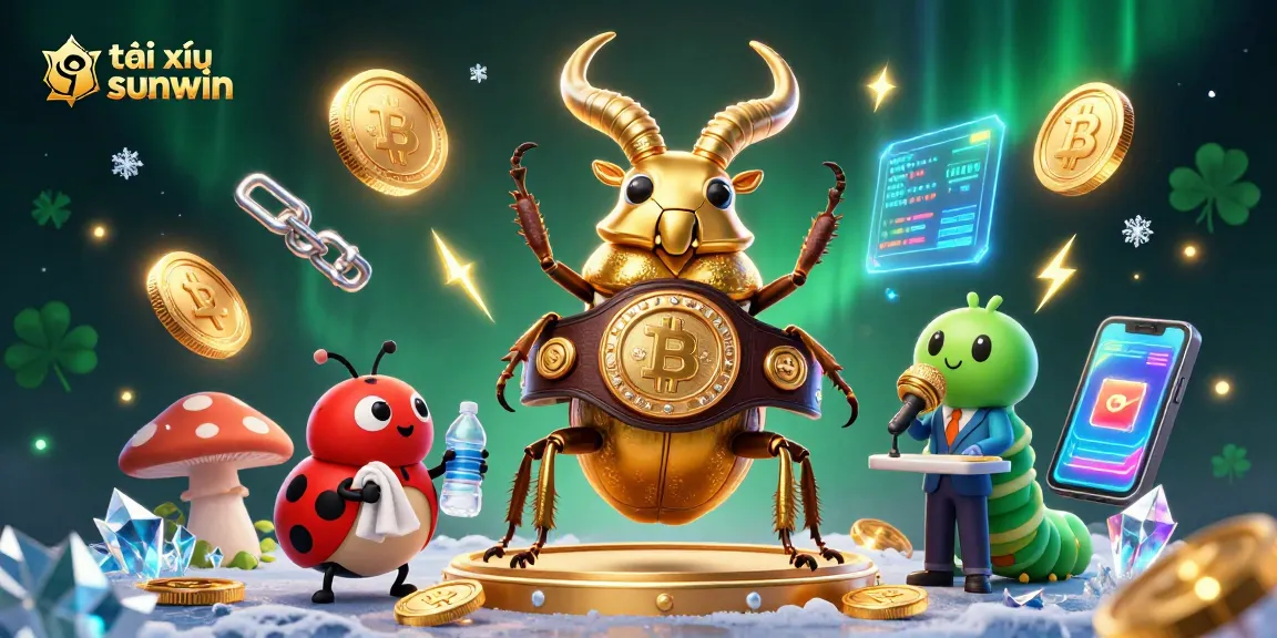 A thrilling scene of tài xỉu sunwin where a giant golden stag beetle battles while a ladybug supports, capturing the excitement of the game.