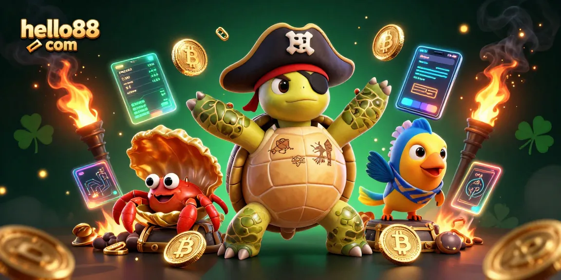 Join the fun at hello88 com with a pirate turtle, crab, and fish above treasure, showcasing the excitement of online gaming.