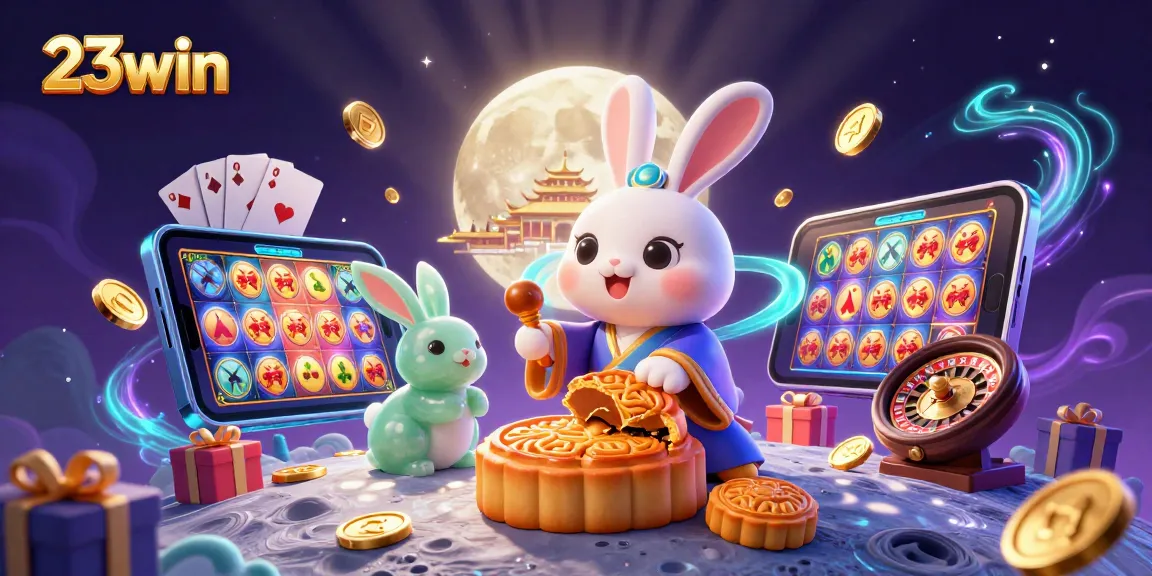 Experience the thrilling 23win casino world with a lively 3D moon rabbit pounding mooncakes revealing poker chips.