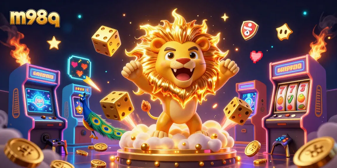 Experience the excitement of m98 q with a vibrant casino-themed 3D illustration featuring dynamic game elements.