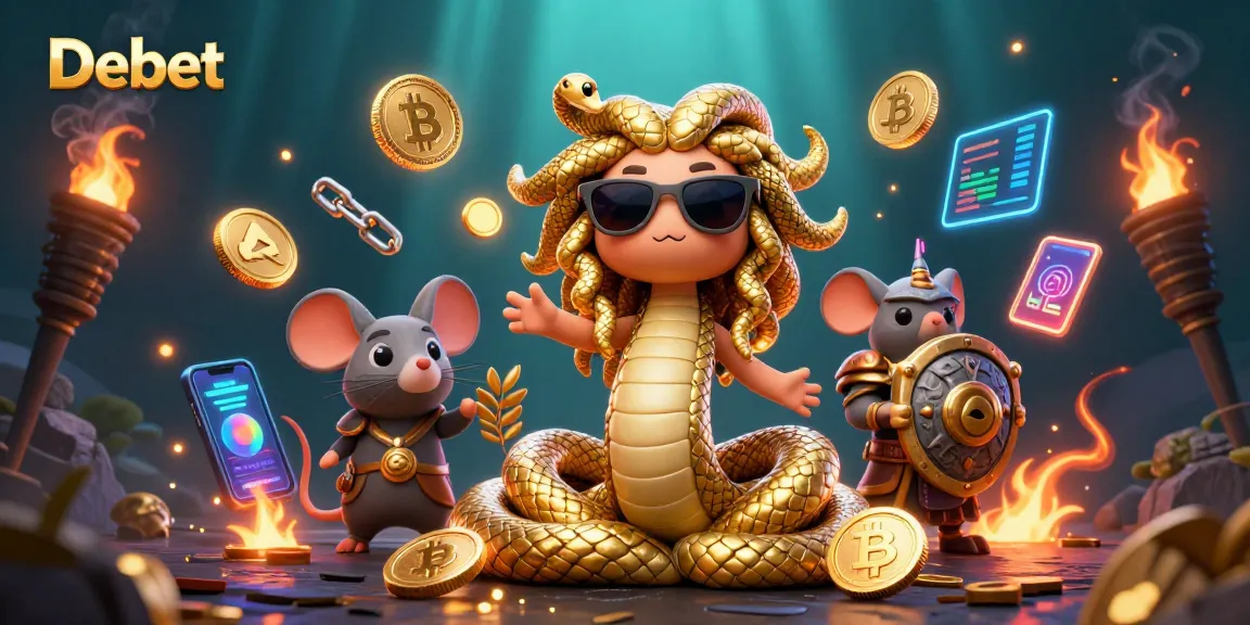 Engage with Debet's vibrant casino world through a stunning illustration full of energetic characters and actions.