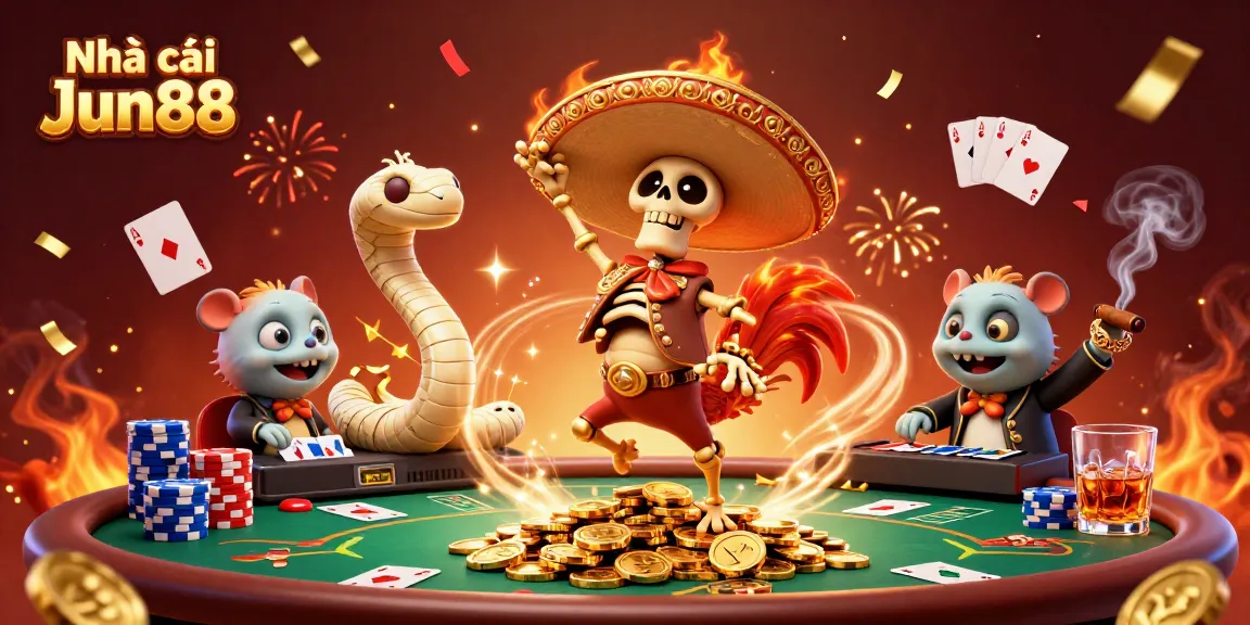 Engage with Nhà cái Jun88's exciting casino scene featuring lively characters celebrating over poker tables and games.