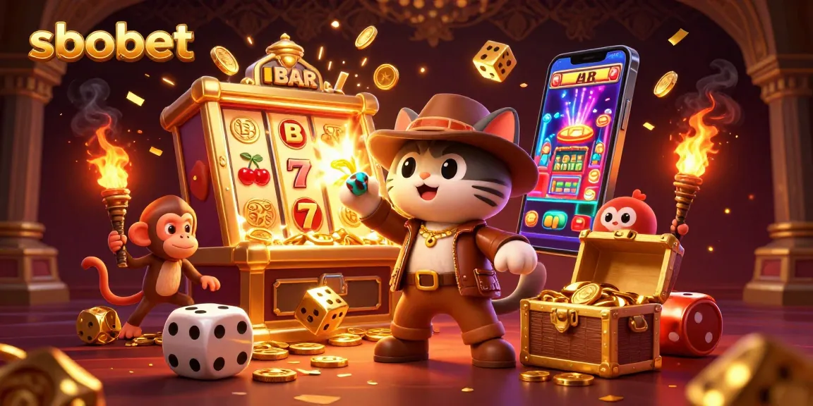 Engage in thrilling sbobet gaming with an explorer cat and treasure in a vibrant casino scene.