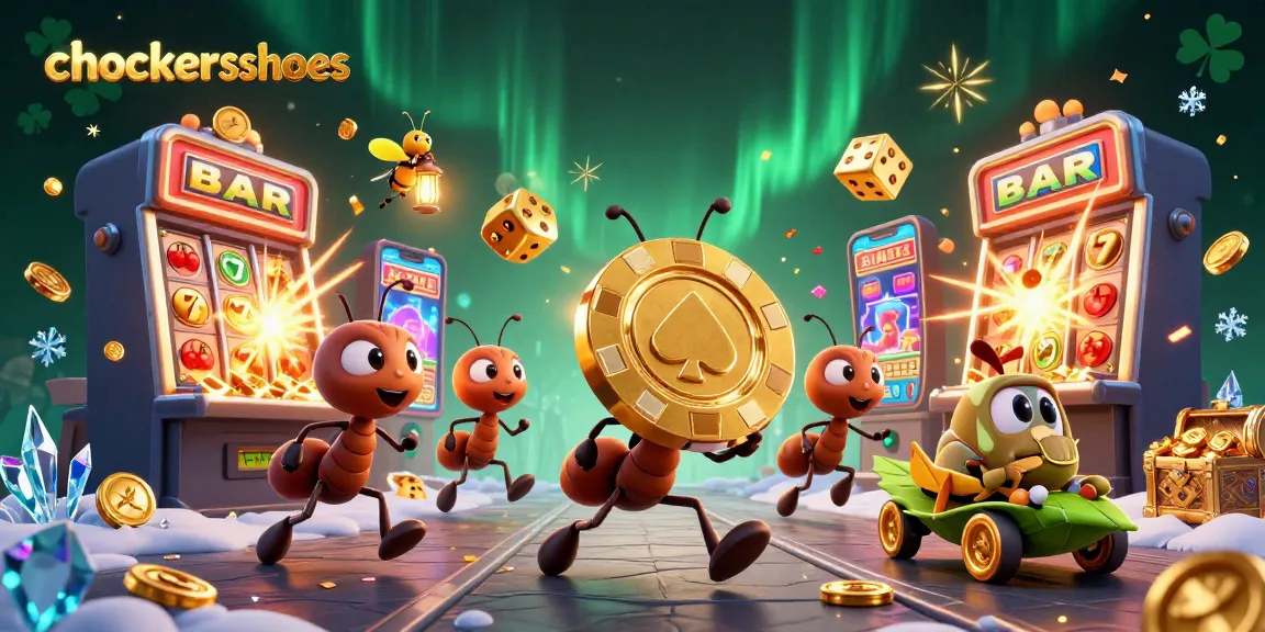 Experience the thrilling heist at chockersshoes with ants carrying a giant poker chip amidst lively casino elements.