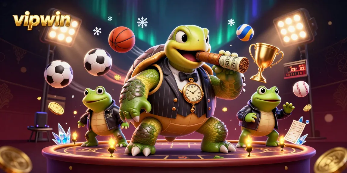 win big at vipwin with a lively illustration of casino-themed fun featuring a snapping turtle and bullfrog enforcers