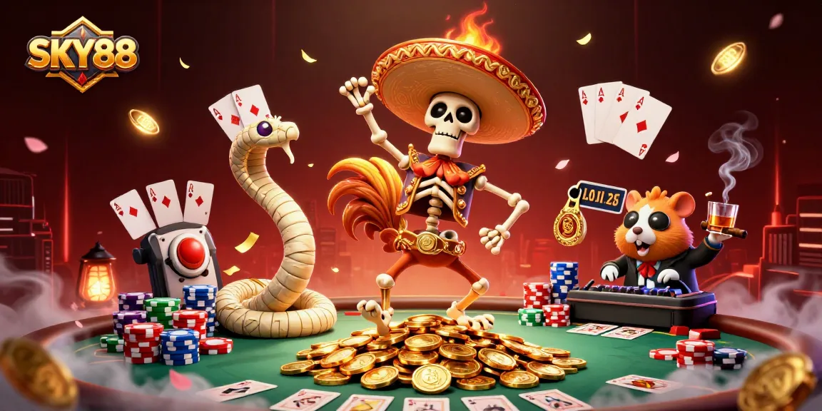 SKY88 showcases a vibrant scene of casino characters celebrating wins among poker chips.