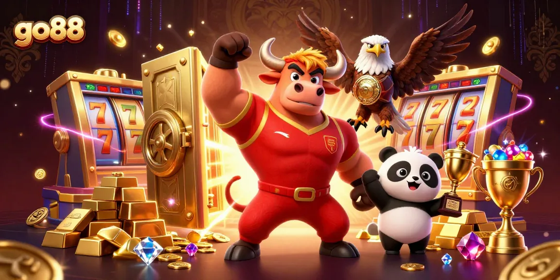 Win jackpots and celebrate at go88 with a victorious bull, eagle, and panda amid treasures.