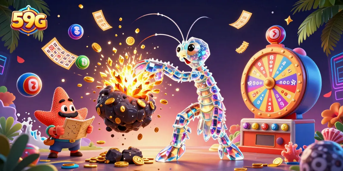 Engage with 59G's online gaming fun, featuring dynamic lottery elements and vibrant characters.