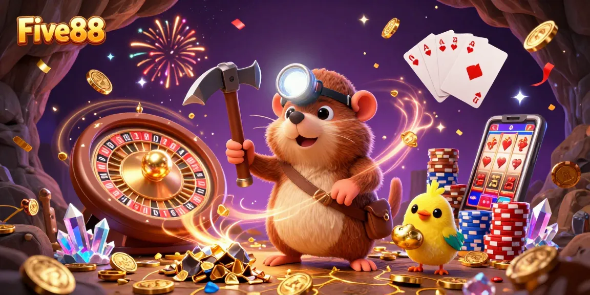 Five88 treasure hunter mole engaged in a colorful casino adventure with coins and cards.