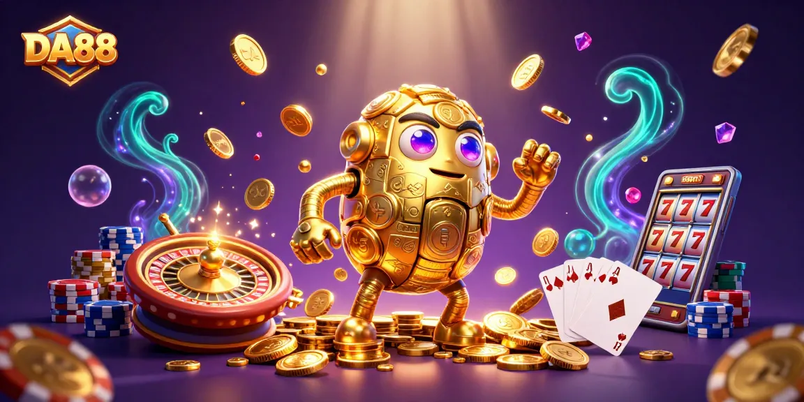 Experience thrilling gameplay with DA88 as a golden golem spins a roulette wheel amidst cascading coins.