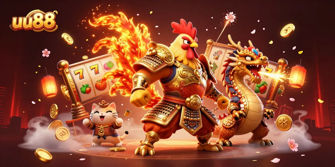 Engage with uu88's vibrant gaming world featuring captivating characters and casino symbols.