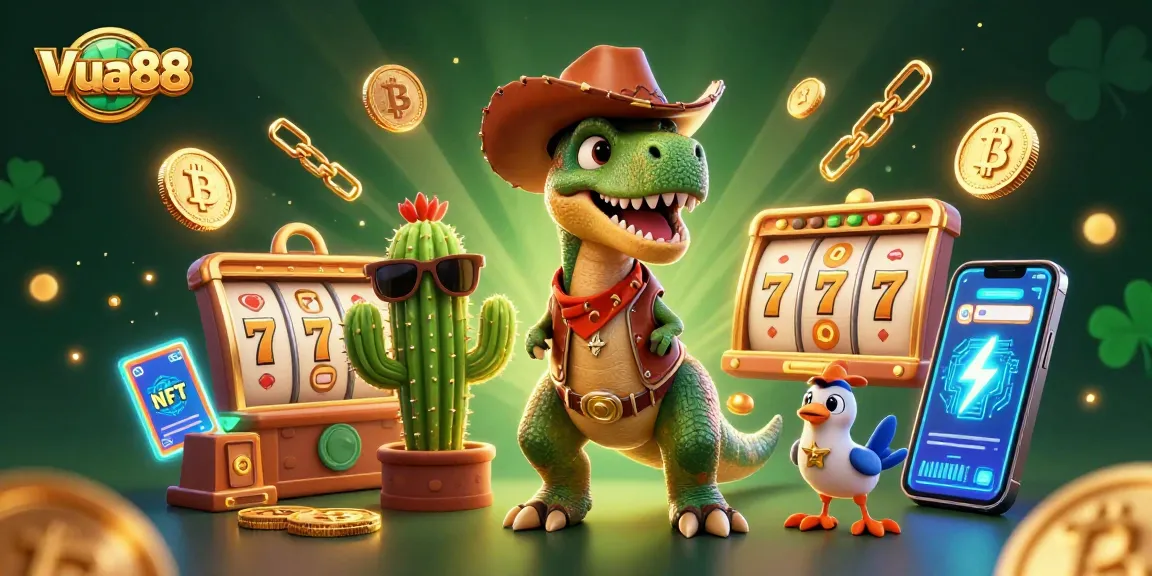 Engage with Vua88's vibrant gaming experience featuring a cowboy dinosaur and jackpot symbols.