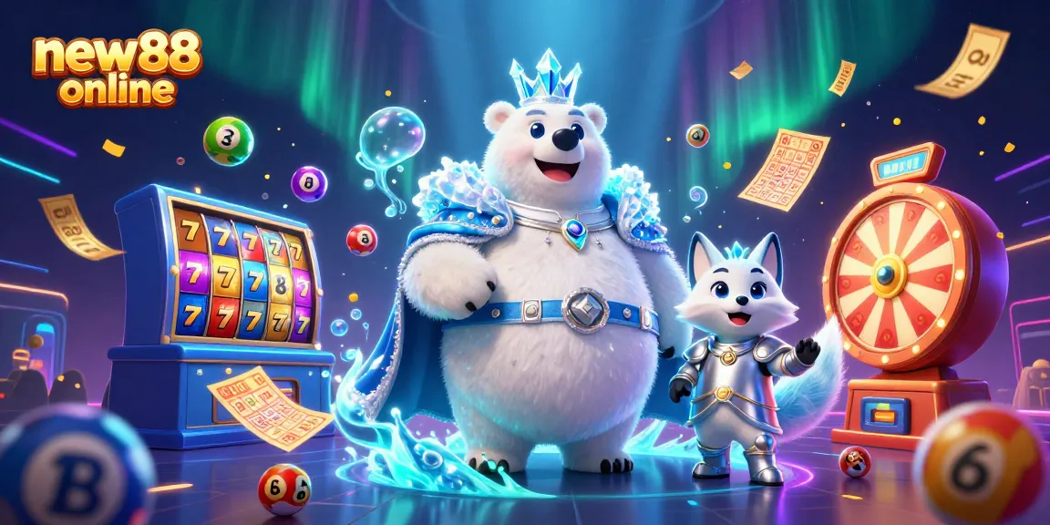 Experience the excitement of new88 online with a vibrant illustration featuring a polar bear and snow fox in a dynamic casino scene.