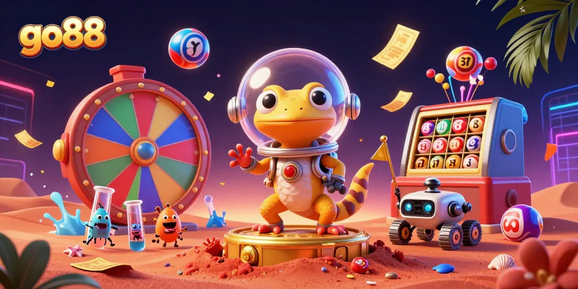 Engage in thrilling go88 gameplay with vibrant lottery elements and a Martian gecko at a golden casino.