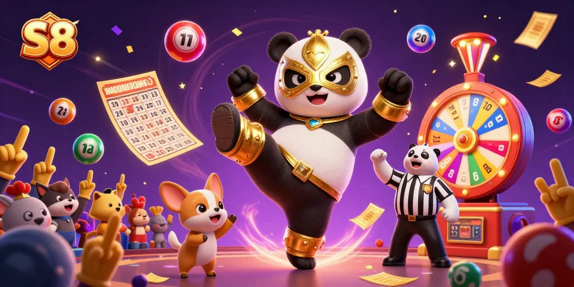 S8 showcases a vibrant scene with a luchador panda, dynamic lottery elements, and engaging festivities.