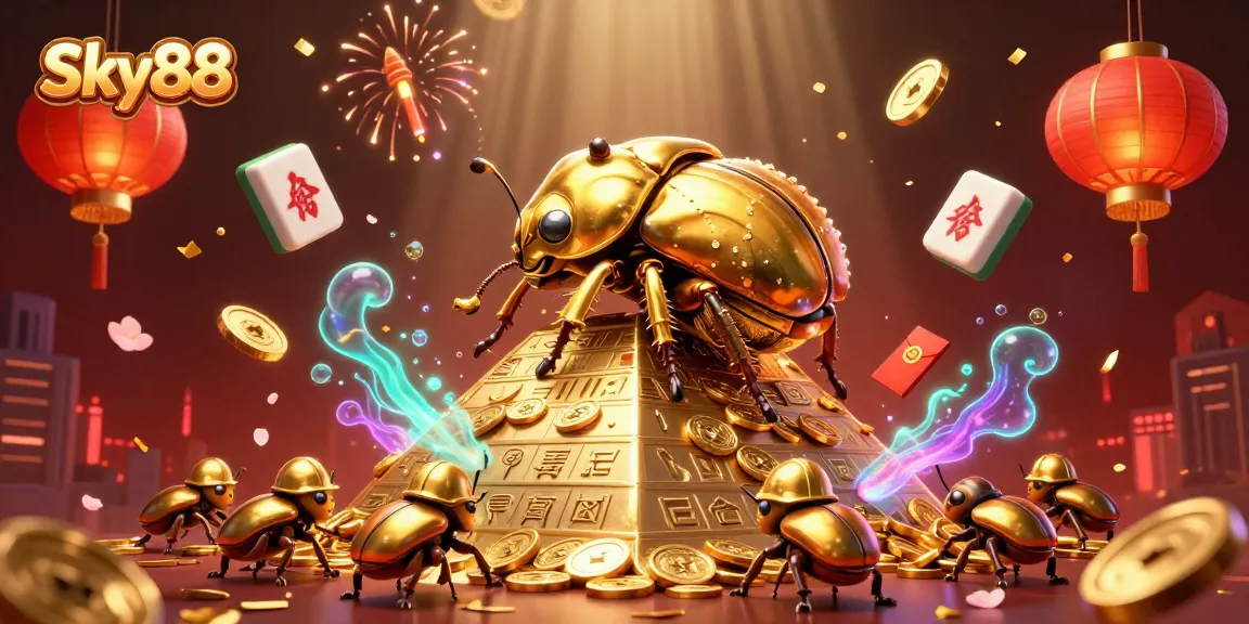 Experience Sky88 with a dynamic 3D illustration of a golden beetle and casino riches.