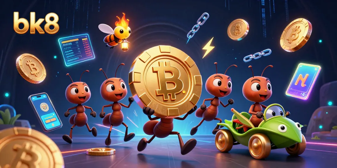 Ant characters heist with bk8 poker chip, crypto coins, and vibrant casino elements