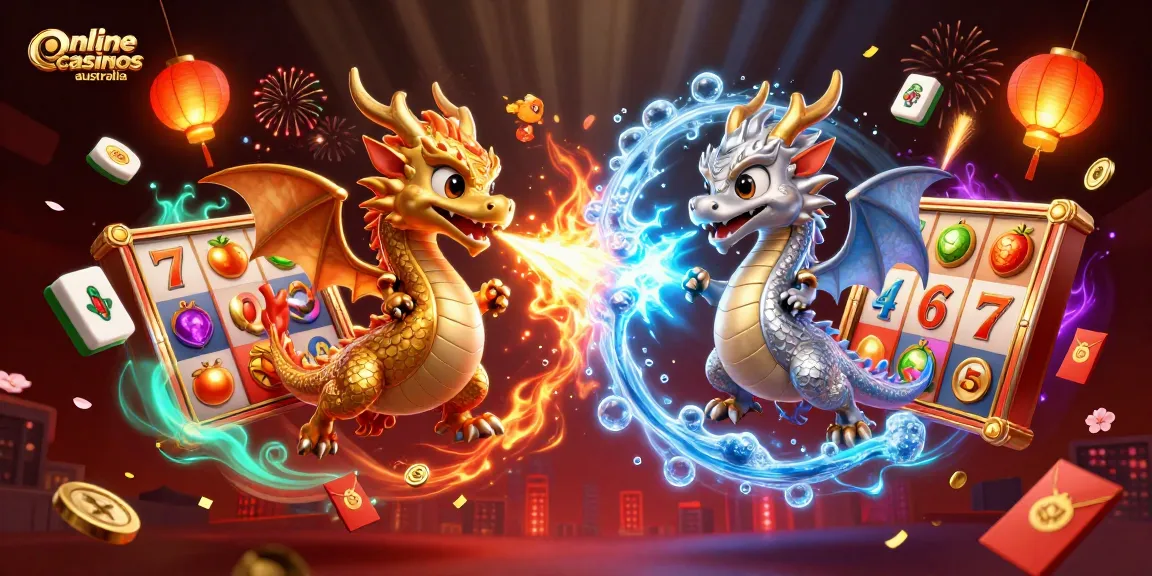 Experience thrilling online casinos Australia with dynamic dragons and slot elements in this vibrant illustration.
