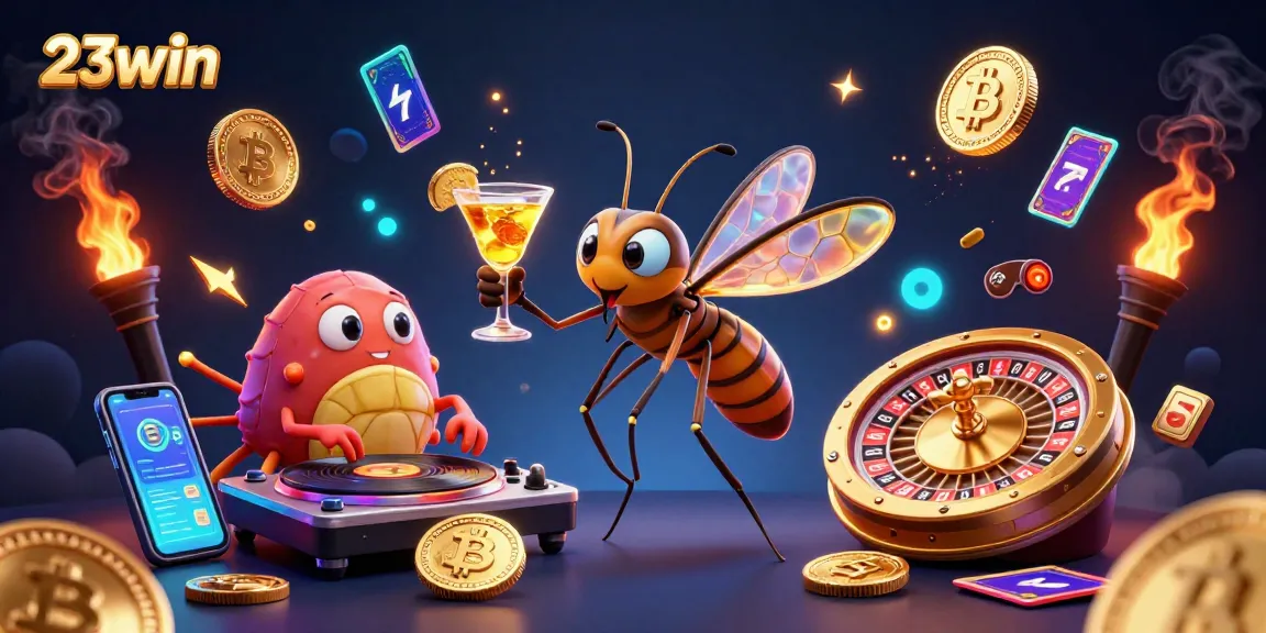 Engage with 23win's vibrant casino world featuring a dynamic mascot, DJ, and golden roulette.