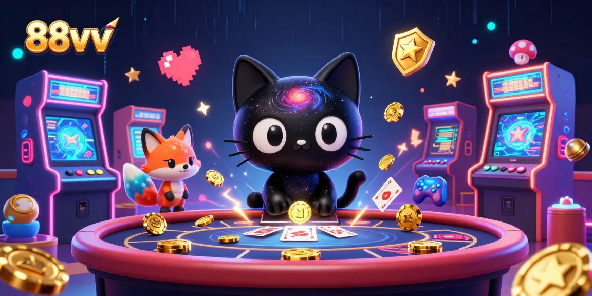 Engage with 88vv in a vibrant cosmic casino scene with animated characters attracting golden chips.